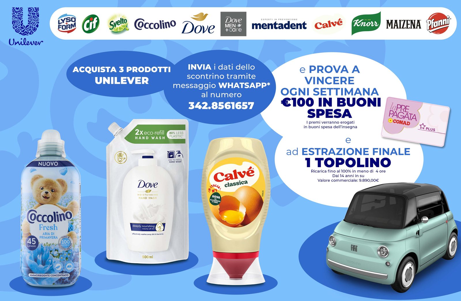 Volantino del Concorso One Unilever 2026 con i prodotti che partecipano, i premi e i loghi dei brand